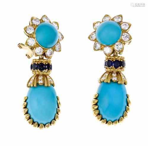 Sapphire-turquoise-brilliant ear clips GG 750/000 with fine round 10 mm and oval turquoise