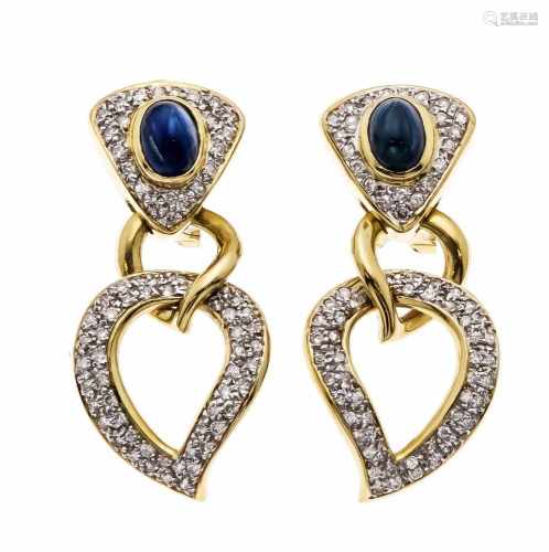 Sapphire-brilliant clip ear studs GG / WG 750/000 with 2 oval sapphire cabochons 7.8 x 6