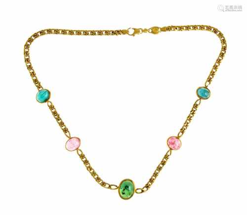 Tourmaline necklace GG 750/000 with 5 very fine tourmaline cabochons in very good colors,