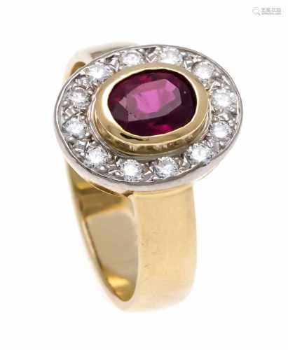 Ruby-Brilliant-Ring GG / WG 585/000 with an oval fac. Ruby 6 x 5 mm in very good color and