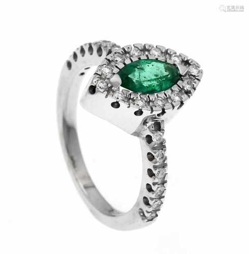 Emerald-brilliant ring WG 585/000 with a fac. Emerald navette 1.20 ct in very good color