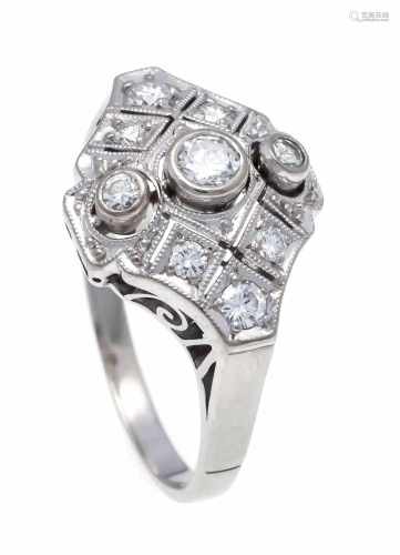 Art Deco diamond ring WG 585/000 with 9 brilliants, total 0.40 ct TW / VVS-VS, RG 59, 5.4