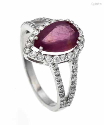 Ruby-Brillant-Ring WG 585/000 with a fac. Ruby drop 2.36 ct in good color and brilliants,