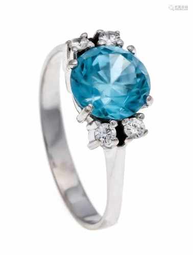 Zircon brilliant ring WG 585/000 with a round fac. Blue zircon 8 mm, slightly best. and 4