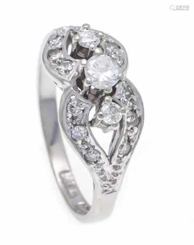 Brilliant ring WG 585/000 with 3 brilliants and 12 diamonds, totaling 0.20 ct W / SI-PI,