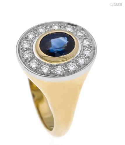 Sapphire-brilliant ring GG / WG 750/000 with an oval fac. Sapphire 6 x 4.2 mm and 14