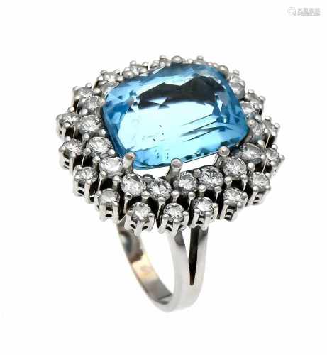 Blue topaz brilliant ring WG 750/000 with an antique cut fac. Blue topaz 10.4 ct in very