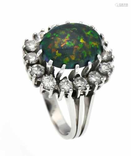 Opal brilliant ring WG 585/000 with an oval black opal cabochon 14 x 11 mm with very good