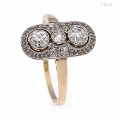 Art Deco ring WG / RG 585/000 with old cut diamonds, total 0.40 ct slightly tinted White -