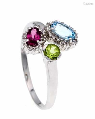 Multicolor ring WG 375/000 with two oval and one round fac., Different colored gemstones 6