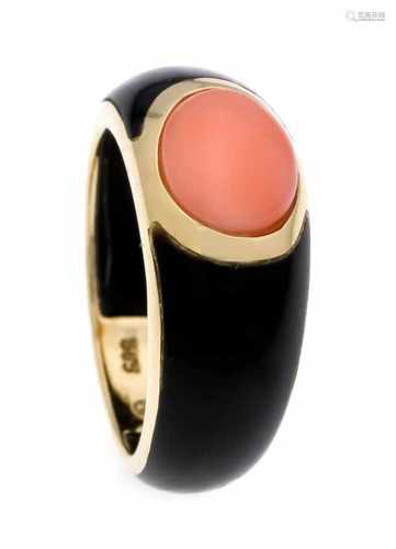 Coral onyx ring GG 585/000 with an oval angel skin coral cabochon 10 x 8 mm in good color