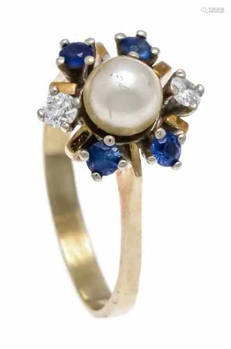 Sapphire old cut diamond pearl ring GG / WG 585/000 with a white Akoya pearl 6 mm, 4 round