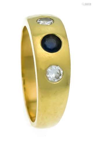 Sapphire-brilliant band ring GG 750/000 with a round fac., Dark blue sapphire 4 mm and 2