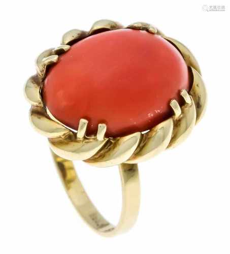 Coral ring GG 585/000 with a coral cabochon 16 x 12 mm, ring size 54, 6.6 g