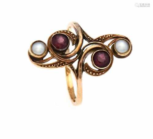 Art Nouveau ruby pearl ring RG 585/000 with two round fac. Rubies 4.2 mm and 2 white half