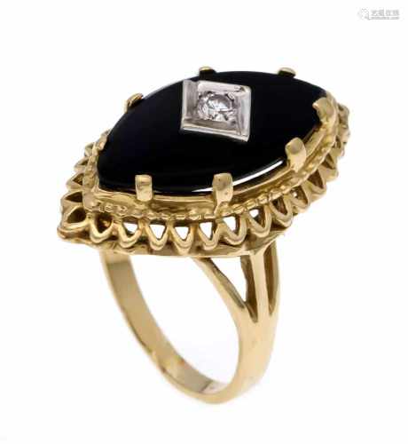 Onyx-Brillant-Ring GG 585/000 with a brilliant-cut diamond 0.10 ct W / SI and a
