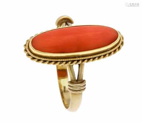 Coral ring GG 585/000 with an oval coral cabochon 20 x 7 mm in good color, RG 58, 4.0 g