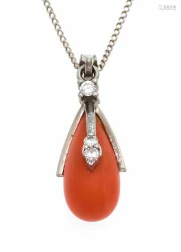 Coral brilliant pendant WG 585/000 with a coral grapefruit 15 x 7 mm and 3 brilliant