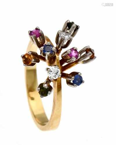 Multicolor brilliant ring GG / WG 750/000 with round faceted rubies, sapphires, citrine,