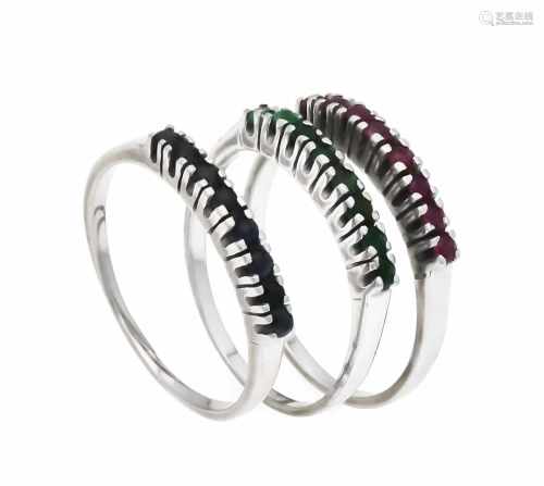 Ruby-emerald-sapphire set of 3 rings WG 585/000, each with 8 round fac.Rubies, emeralds