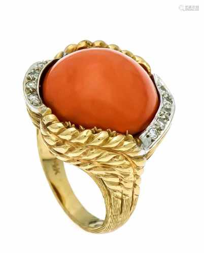 Coral ring RG / WG 585/000 with an orange-red, round coral cabochon 16 mm and 10 diamonds,