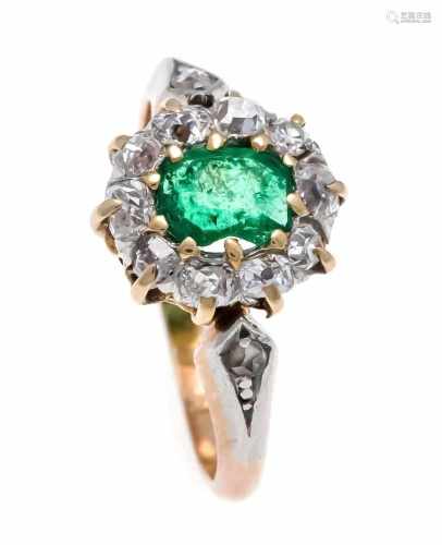 Emerald old cut diamond ring GG / WG 585/000 with an oval faced emerald 5.2 x 4 mm and 10