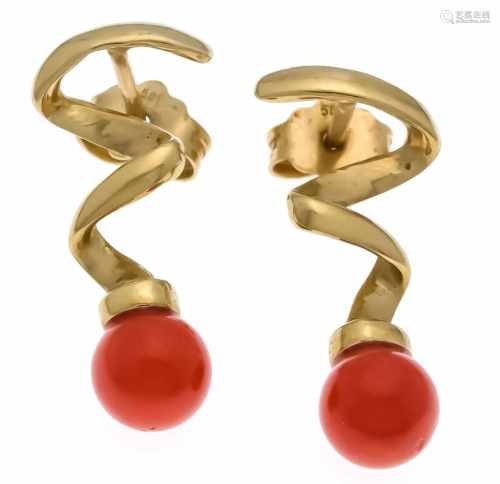 Coral stud earrings GG 585/000 with 2 coral balls 6 mm, L. 20 mm, 2.5 g