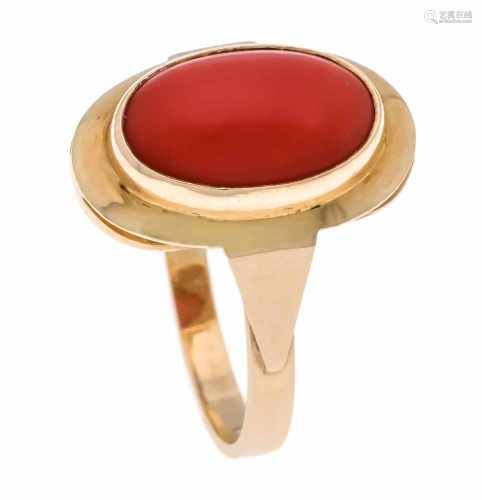 Coral ring GG 585/000 with an oval coral cabochon 13.5 x 8.5 mm, ring size 62, 4.9 g