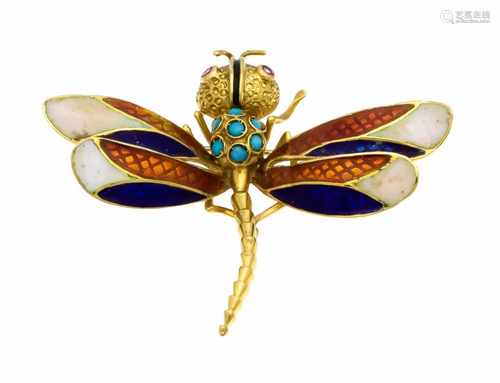 Turquoise enamel brooch Dragonfly GG 750/000 with 7 round turquoise cabochons 2 mm, 2