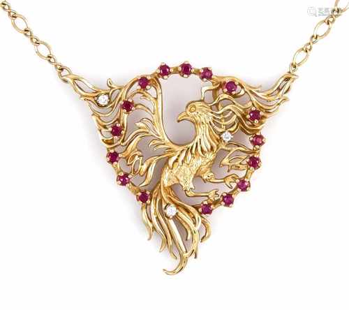 Art Nouveau ruby and brilliant necklace GG 585/000 with 16 round faceted rubies 2.5 mm in