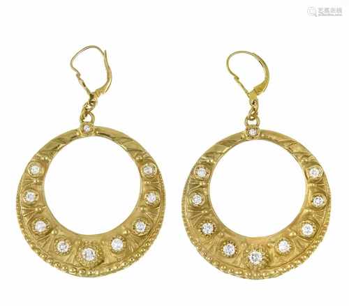 Brilliant earrings GG 585/000 with 20 diamonds, total 1.60 ct TW / SI, diameter 40 mm,