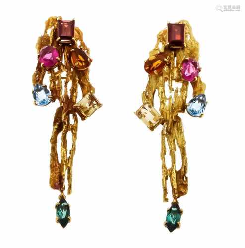 Multicolor clip ear studs GG 750/000 with fac., Different colored gemstones, including