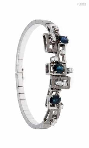 Sapphire-brilliant bracelet WG 750/000 with 3 oval faceted sapphires 7 - 6 mm in good