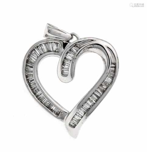 Diamond heart pendant WG 416/000 (10 KT.) With 52 diamond baguettes, total 1.00 ct, length