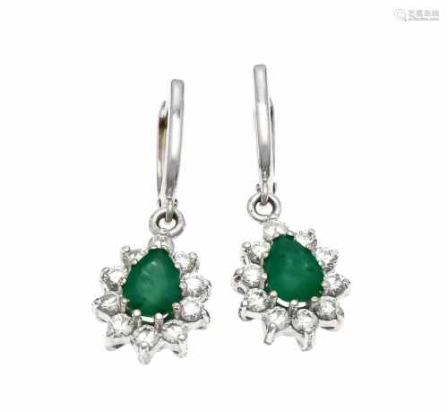 Emerald-brilliant earrings WG 585/000 with 2 fac. Emerald drops 7 x 5 mm in good color and