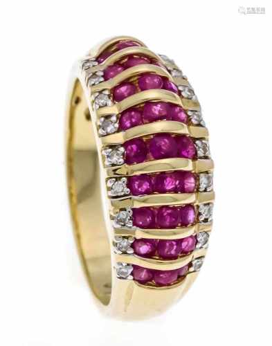 Ruby diamond ring GG 585/000 with 27 rubies 2 mm and 18 diamonds, in addition 0.09 ct W /