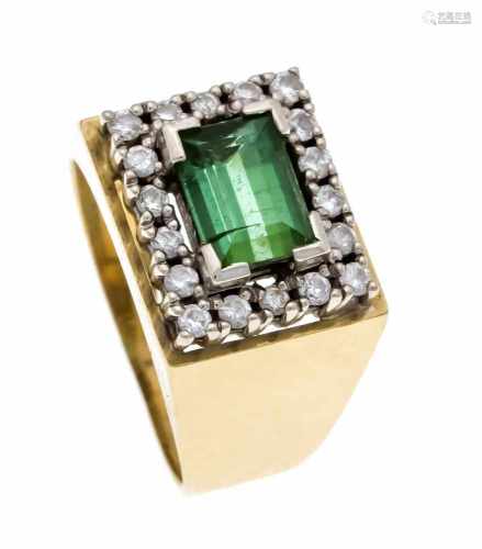 Tourmaline brilliant ring GG 585/000 with a rectangular fac. Tourmaline 1.79 ct in a
