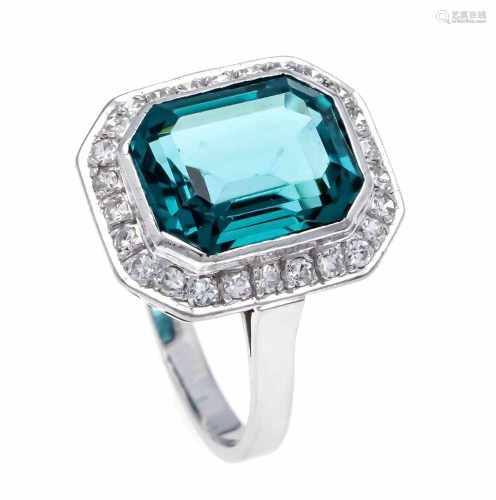 Tourmaline diamond ring WG 585/000 with an emerald cut, excellent indigolite 3.47 ct in a