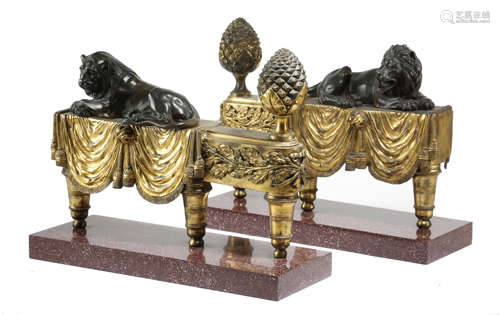 A PAIR OF FRENCH LOUIS XVI GILT AND PATINATED BRONZE CHENETS IN THE MANNER OF BOIZOT, LATE 18TH