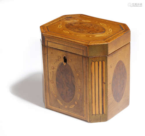 A GEORGE III SYCAMORE AND MARQUETRY TEA CADDY LATE 18TH CENTURY iof canted rectangular form,