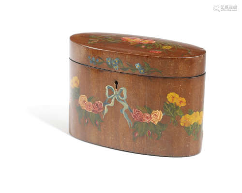 A PAINTED MAHOGANY OVAL TEA CADDY IN GEORGE III STYLE LATE 19TH CENTURY decorated with ribbon tied