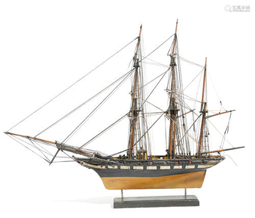 A PAINTED WOOD MODEL THREE-MASTED SAILING SHIP PROBABLY LATE 19TH / EARLY 20TH CENTURY with