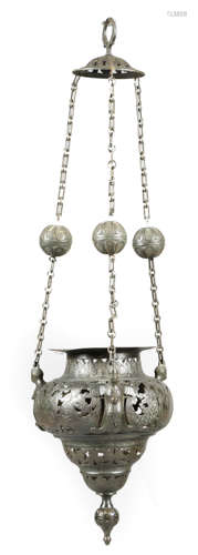 A PATINATED BRONZE HANGING LAMP OR THURIBLE POSSIBLY ITALIAN, VENICE OR GERMAN, NUREMBERG, 17TH