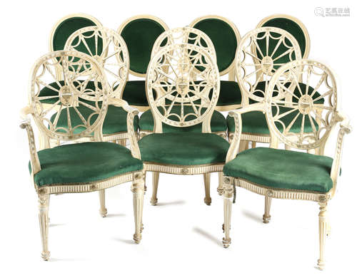 A SET OF SIX PAINTED DINING CHAIRS IN GEORGE III STYLE 19TH CENTURY AND LATER each with an oval