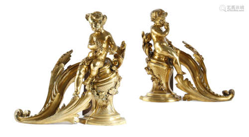 A PAIR OF FRENCH ORMOLU CHENETS IN LOUIS XV STYLE LATE 19TH CENTURY each modelled with a