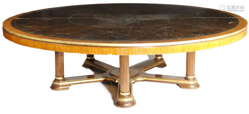 A LARGE MAHOGANY AND PARCEL GILT CENTRE TABLE PROBABLY MID-20TH CENTURY the circular top in two