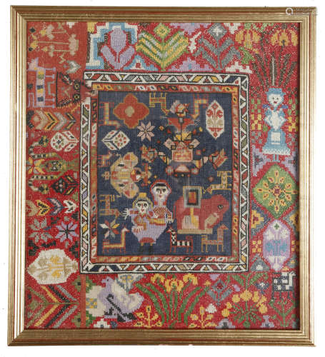 AN UNUSUAL NEEDLEWORK SAMPLER 20TH CENTURY worked on a linen foundation with various different