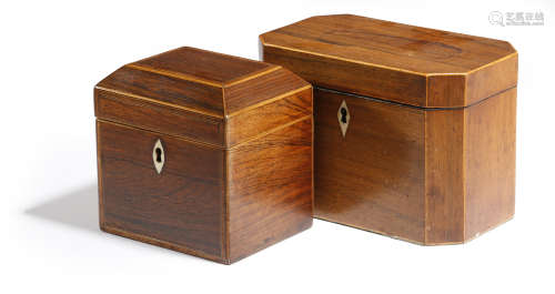 TWO REGENCY ROSEWOOD TEA CADDIES EARLY 19TH CENTURY one of canted form with a twin lidded