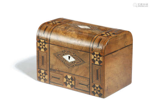A VICTORIAN WALNUT AND PARQUETRY TEA CADDY inlaid with mother of pearl lozenges, the domed lid