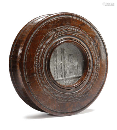 A GEORGE IV OAK 'YORK MINSTER' CIRCULAR SNUFF BOX EARLY 19TH CENTURY engine turned, the lid inset